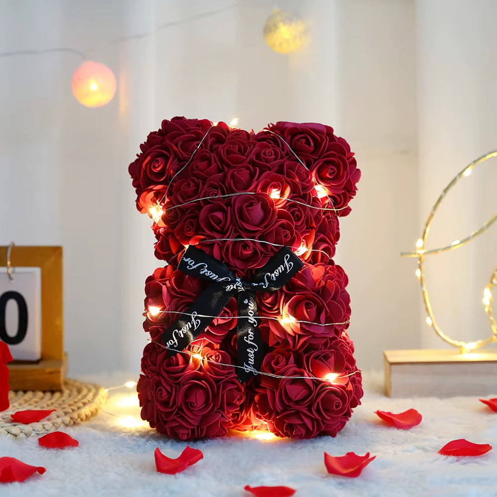 25Cm Artificial Teddy Rose Flower Bear with Box Romantic Valentines Day Gift Girlfriend Women Mother Birthday Wedding Party Deco