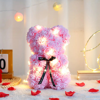 25Cm Artificial Teddy Rose Flower Bear with Box Romantic Valentines Day Gift Girlfriend Women Mother Birthday Wedding Party Deco