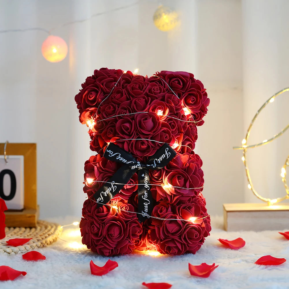 25Cm Artificial Teddy Rose Flower Bear with Box Romantic Valentines Day Gift Girlfriend Women Mother Birthday Wedding Party Deco